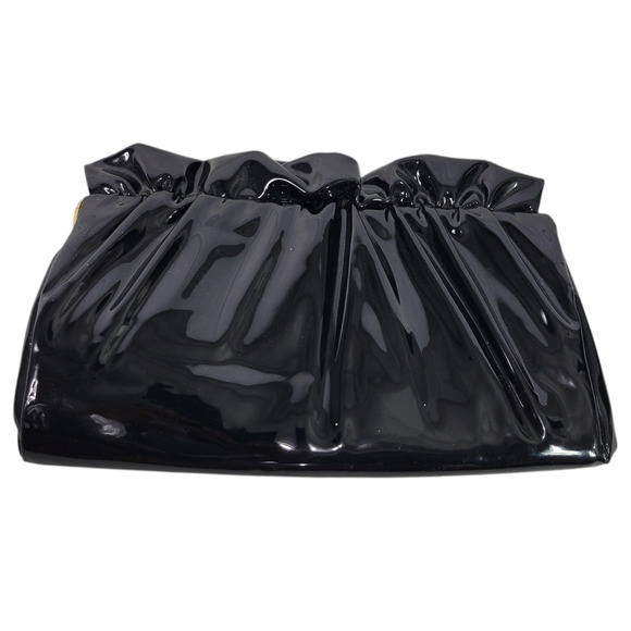 Vintage Vinyl Clutch Bag Black Patent Leather Gathered Shiny Evening Frame Small - Picture 9 of 15